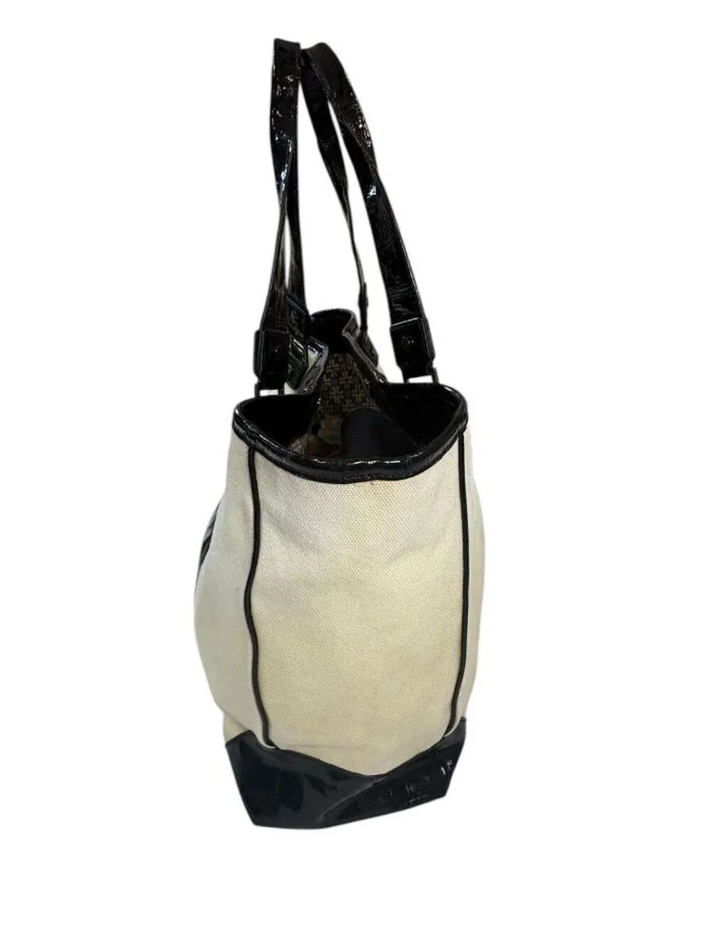 TORY BURCH PATENT LEATHER/CANVAS TOTE 13”H X 16W